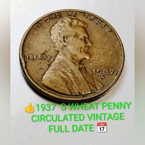 👍✅🎇1937 S Lincoln Wheat Penny Coin Full Date CIRCULATED VINTAGE 📅